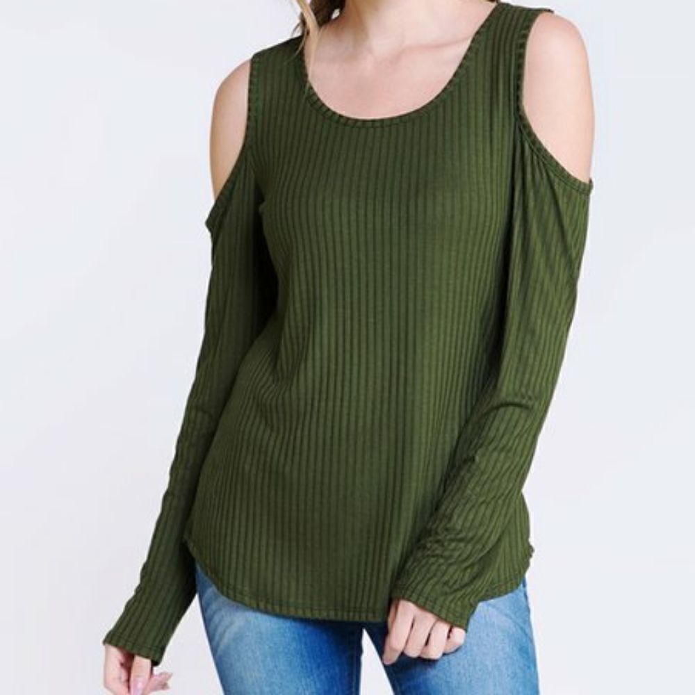 Drew Olive Knitted Cold Shoulder Women Tops